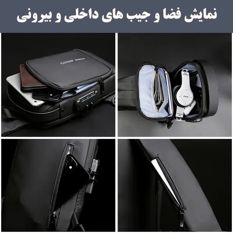 کیف کراسبادی مردانه مدل فشن با پورت USB، ضد آب و قفل رمزدار – نمای جلو