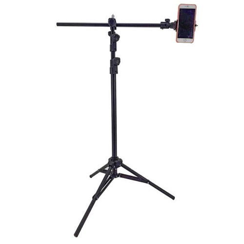 سه پایه نگهدارنده گوشی موبایل با میله T شکل و گوشی متصل روی آن برای فیلمبرداری از بالا