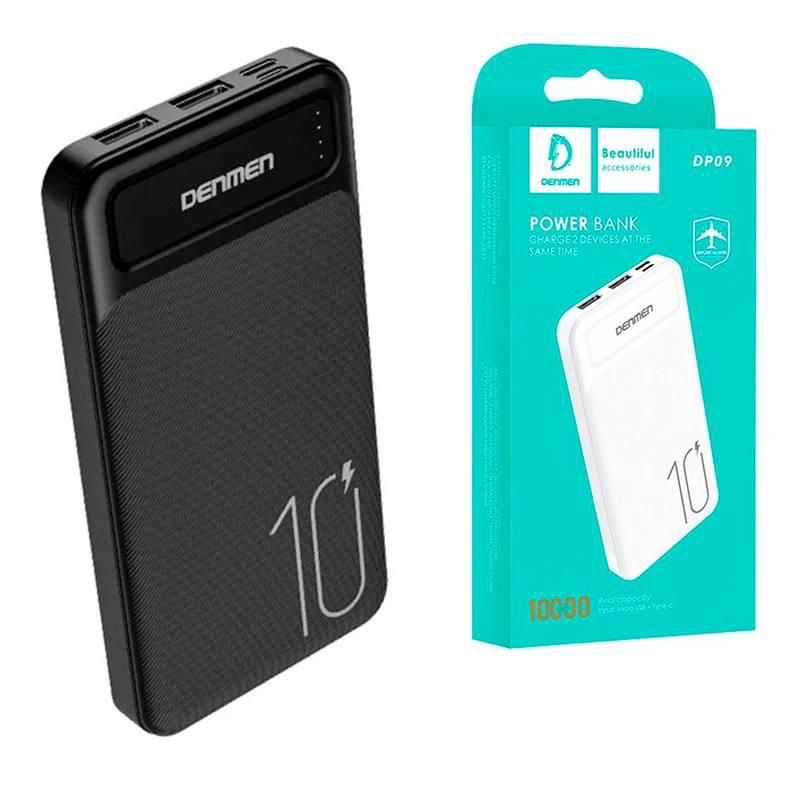 پاوربانک دنمن مدل DP09 با ظرفیت 10000 میلی‌آمپر و دو خروجی USB-A مشکی رنگ