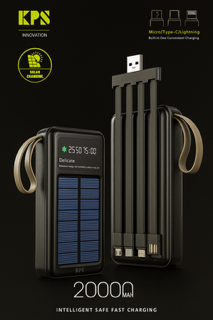 نمای بالای پاوربانک KPS با ۴ کابل داخلی و چراغ LED روشن