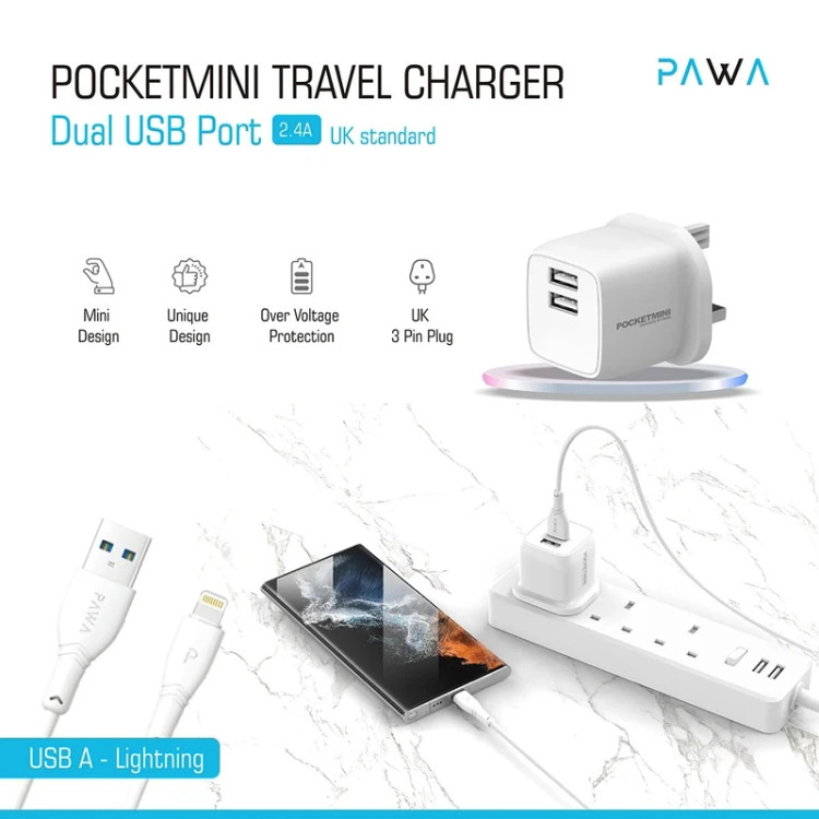 شارژر دیواری پاوا Pocket Mini 12W به همراه کابل USB-A به Lightning در حال شارژ آیفون